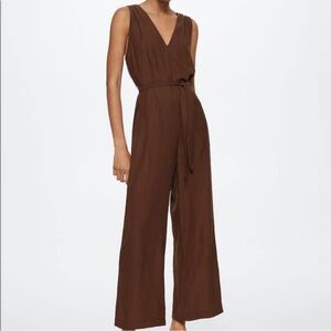 Mango Nora Brown Viscose Jumpsuit with Tie Medium
